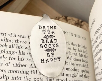 Recycled Vintage Silver Plate Spoon Bookmark. Drink tea read books be happy . Book worm unique gift idea. Stamped Australian