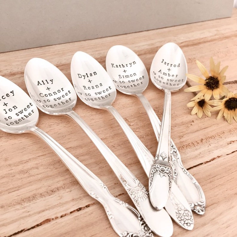 CUSTOMISED stamped keepsake silver spoon gift. So sweet together. Wedding or anniversary personalized ideas. Insert your own names. image 4