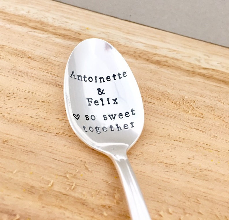 CUSTOMISED stamped keepsake silver spoon gift. So sweet together. Wedding or anniversary personalized ideas. Insert your own names. image 7