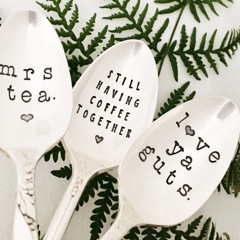 Still having coffee together hand stamped vintage silver plate teaspoon. Unique romantic Anniversay valentines best friends husbands gift image 9