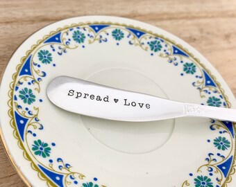 Spread love, happiness or good vibes hand stamped small vintage silver plate knife spreader. Australian unique gift idea.