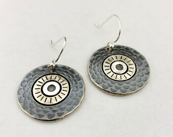 NAUTILUS drop earrings. Hand stamped & repurposed silver plate spoon. Sterling wires. Boho Nautical inspired jewellery. Unique Abstract gift