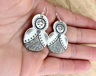 Babushka doll drop earrings. Hand stamped & repurposed silver plate spoon. Sterling wires. Matryoshka jewellery. Unique sustainable gift.