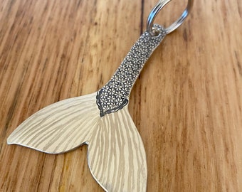 Mermaid Whale Tail keyring. Hand stamped & repurposed from a silver plate spoon.