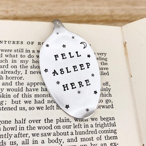 Recycled Vintage Silver Plate Spoon Bookmark. Book worm lovers unique gift idea. Fell Asleep Here. Hand Stamped, repurposed Australian made image 1