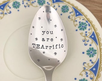 you are TEArrific. Hand stamped vintage silver plate tea spoon. Unique mums womens men’s gift idea. Australian makers.
