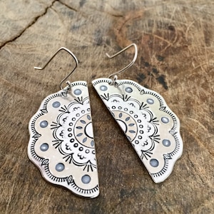 MANDALA drop earrings. Hand stamped & repurposed silver plate spoon. Sterling wires. Boho inspired jewellery. Unique gift.