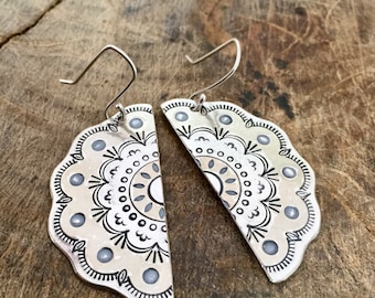 MANDALA drop earrings. Hand stamped & repurposed silver plate spoon. Sterling wires. Boho inspired jewellery. Unique gift.
