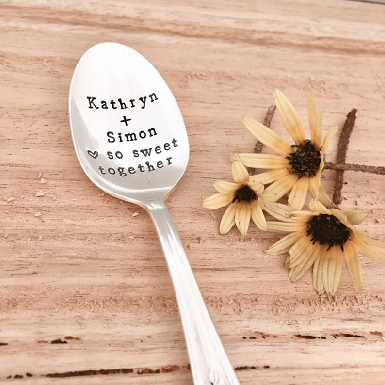 CUSTOMISED stamped keepsake silver spoon gift. So sweet together. Wedding or anniversary personalized ideas. Insert your own names. image 3