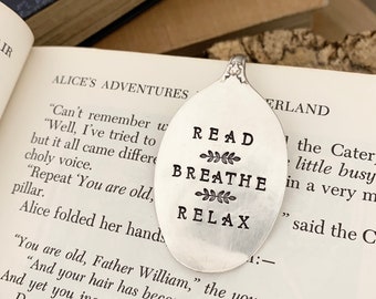 Vintage Silver Plate Spoon Bookmark. Read breathe relax. Book lovers unique functional gift idea. Repurposed, Hand Stamped, Australian