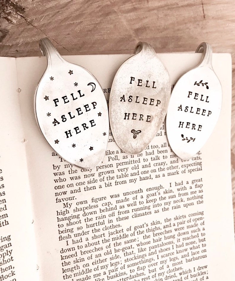 Recycled Vintage Silver Plate Spoon Bookmark. Book worm lovers unique gift idea. Fell Asleep Here. Hand Stamped, repurposed Australian made image 10