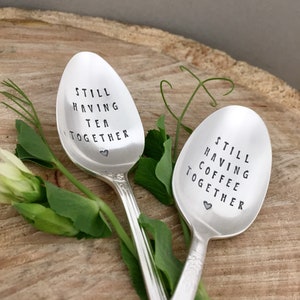 Still having coffee together hand stamped vintage silver plate teaspoon. Unique romantic Anniversay valentines best friends husbands gift image 3