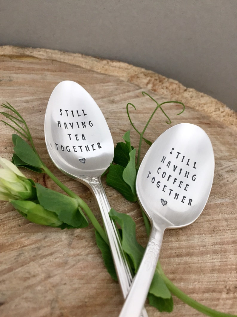 Still having coffee together hand stamped vintage silver plate teaspoon. Unique romantic Anniversay valentines best friends husbands gift image 3