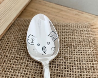 Faces Series Koala hand stamped vintage silver plate spoon. Personalised handle option. Fun unique Australian animal unique gift.