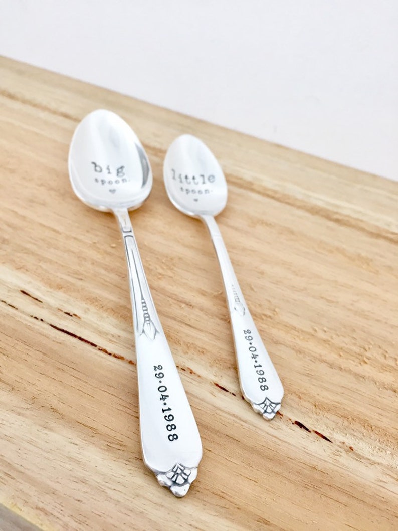 Big spoon Little spoon. Stamped vintage spoons set Teaspoon & Dessert spoon. Engagement wedding anniversary valentine fun unique gift idea image 3