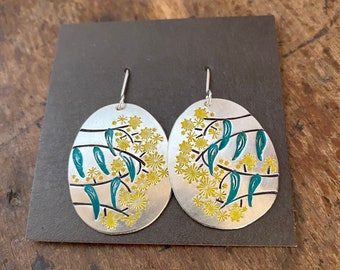 Golden wattle drop earrings. Hand stamped & repurposed silver plate spoon. Sterling wires. Australian jewellery. Unique sustainable gift.