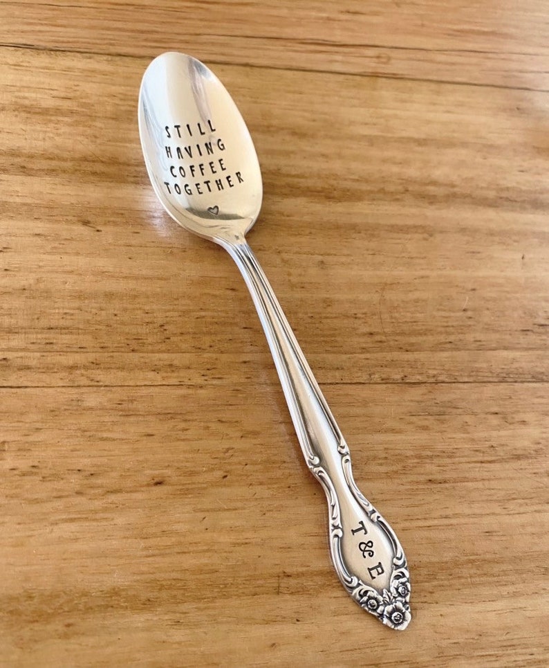 Still having coffee together hand stamped vintage silver plate teaspoon. Unique romantic Anniversay valentines best friends husbands gift image 5