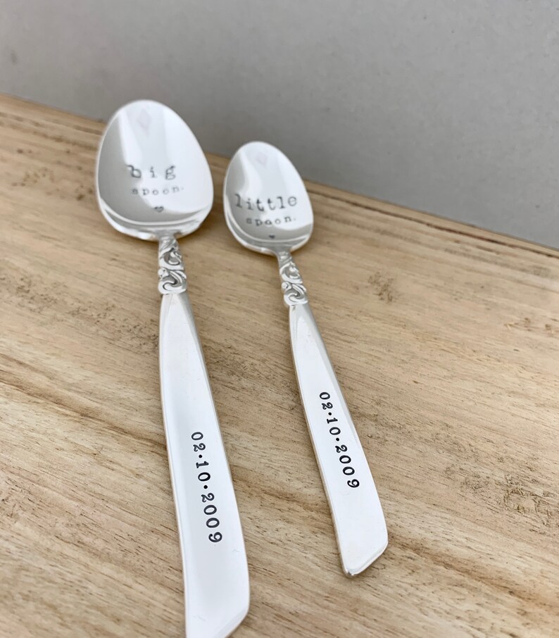 Big spoon Little spoon. Stamped vintage spoons set Teaspoon & Dessert spoon. Engagement wedding anniversary valentine fun unique gift idea image 5