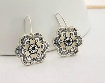 Hana petal drop earrings. Hand stamped & repurposed silver plate spoon. Sterling wires. Stamped boho jewellery. Unique sustainable gift.