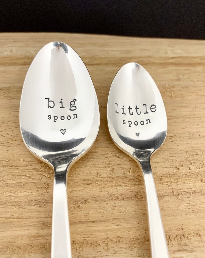 Big spoon Little spoon. Stamped vintage spoons set Teaspoon & Dessert spoon. Engagement wedding anniversary valentine fun unique gift idea image 10