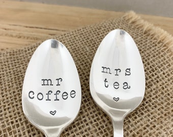 mr & mrs coffee / tea hand stamped vintage silver plate teaspoons. Personalised spoon. Unique mens womens wedding birthday gift idea