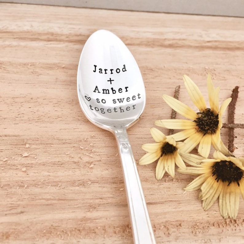 CUSTOMISED stamped keepsake silver spoon gift. So sweet together. Wedding or anniversary personalized ideas. Insert your own names. image 5