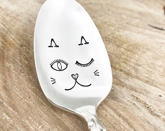 Faces Series cat face hand stamped vintage silver plate spoon or fork. Personalised handle option. Fun unique kitty lovers gift.