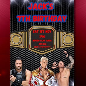 Puede incluir: Una invitación de cumpleaños con temática de lucha libre con un cinturón de campeonato dorado, un fondo a cuadros blanco y negro y tres luchadores. El texto de la invitación dice "Jack's 7th Birthday", "Sat 1st Nov 1PM", "Indoor Play Area A12 BC3", y "RSVP: 07707707777".