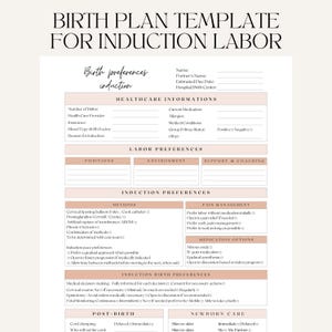 May include: A printable birth plan template for induction labor, featuring sections for healthcare information, labor preferences, induction preferences, and newborn care. The document includes checkboxes and fill-in-the-blank spaces for personalized details.