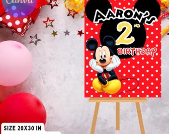 Tabliczka powitalna z motywem urodzin myszy, impreza w stylu retro w Disneylandzie (do pobrania w wersji cyfrowej)