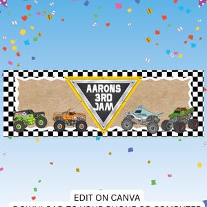 Puede incluir: Un fondo azul con confeti y banderines de colores. El dise&ntilde;o presenta una pancarta con monster trucks y el texto "Aarons 3rd Jam." El logotipo de Canva est&aacute; en la esquina superior derecha.