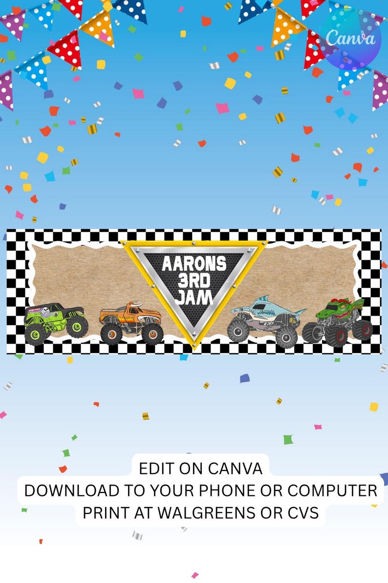 Puede incluir: Un fondo azul con confeti y banderines de colores. El dise&ntilde;o presenta una pancarta con monster trucks y el texto "Aarons 3rd Jam." El logotipo de Canva est&aacute; en la esquina superior derecha.