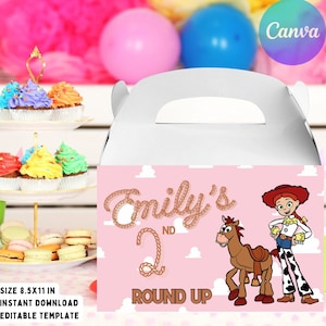 Toy Story digitala etiketter för gavelbox, festgåvor, Toy Story-fest, flickberättelse, barnfödelsedagskalas, direktnedladdning, Canva, Round Up Pink