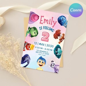 Inside Out Digital Invitation, Joy Party, Girl Story,Kids Birthday Party, Instant Download, Canva, Pink