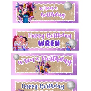 May include: Four rectangular birthday banners measuring 2ft x 6ft with a purple background and kraft paper center. The designs feature cartoon characters, disco balls, and text reading "Wren's Birthday" or "Happy Birthday WREN". Text includes "FOR WALL OR DOOR" and "PRINT AT WALGREENS OR CVS".