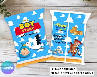 Digitala Toy Story-festgåvor med chip, Toy Story babyshowerfest, Boy Story, barnfödelsedagskalas, direktnedladdning, Canva,