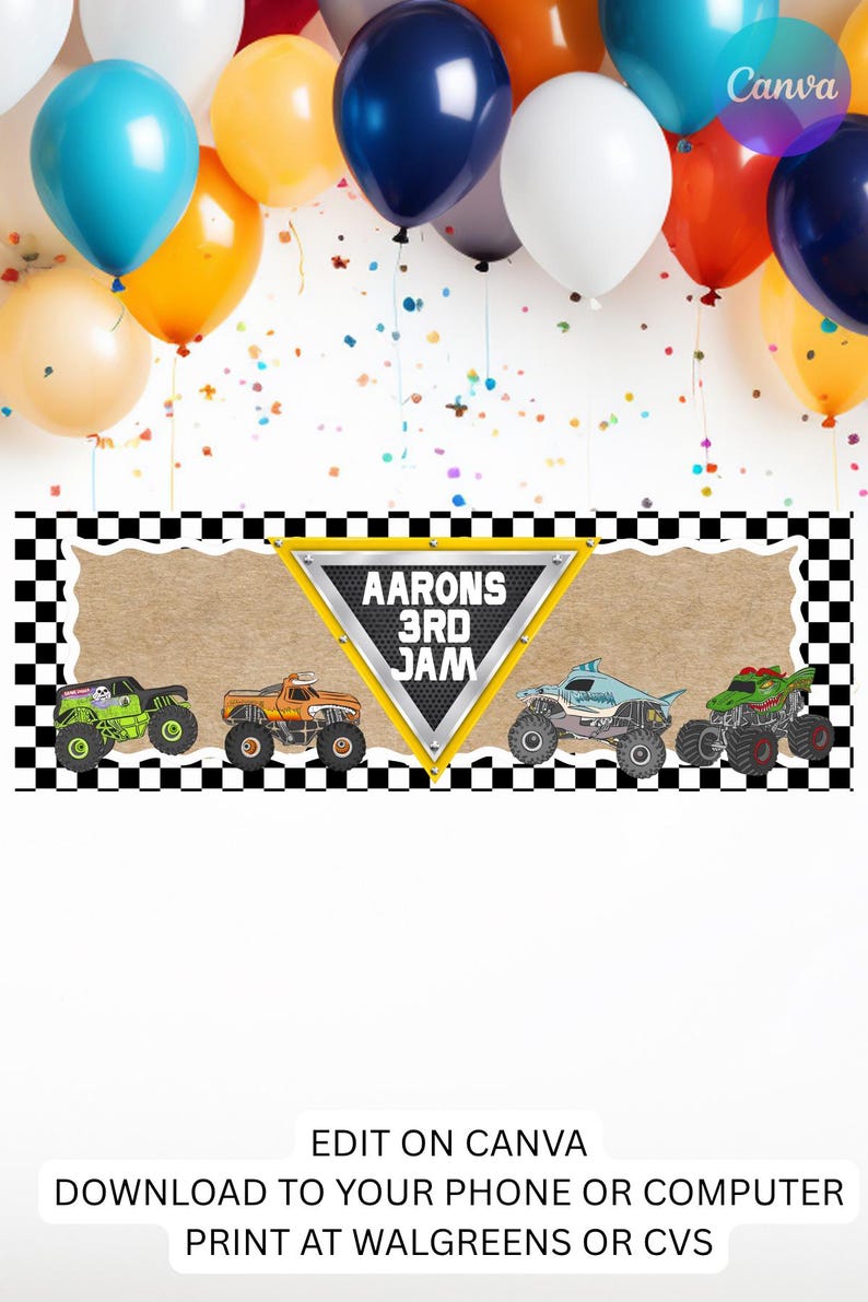Puede incluir: Una pancarta de fiesta con globos y confeti de colores. La pancarta presenta un tri&aacute;ngulo amarillo con el texto "Aarons 3rd Jam" e ilustraciones de monster trucks. El logotipo de Canva est&aacute; en la esquina superior derecha.