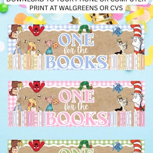 May include: Three rectangular digital banners featuring the text ONE for the BOOKS, illustrated with various storybook characters including a monkey, a red dog, a caterpillar, a rabbit, a bear, a mouse, a fish, and a tall cat in a striped hat.