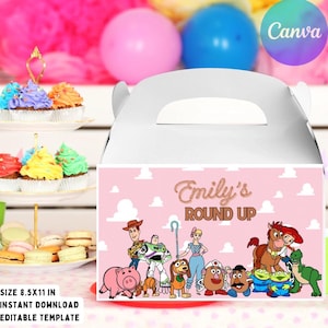 May include: White party favor box with a pink panel featuring cartoon characters and the text "Emily's ROUND UP". The box has a handle and is decorated with clouds. Cupcakes and macarons are in the background.