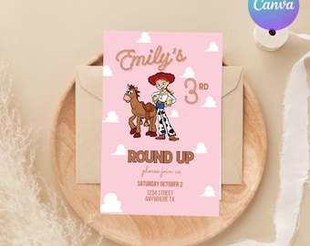Toy Story Digital Invitation, Toy Story Party, Girl Story,Kids Birthday Party, Instant Download, Canva, Round Up Pink