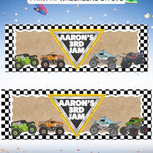 Puede incluir: Dise&ntilde;o digital con dos pancartas con monster trucks y el texto "AARON'S 3RD JAM". El dise&ntilde;o incluye un borde a cuadros, un fondo beige y un fondo azul con confeti. El texto "EDIT ON CANVA" est&aacute; en la parte superior.