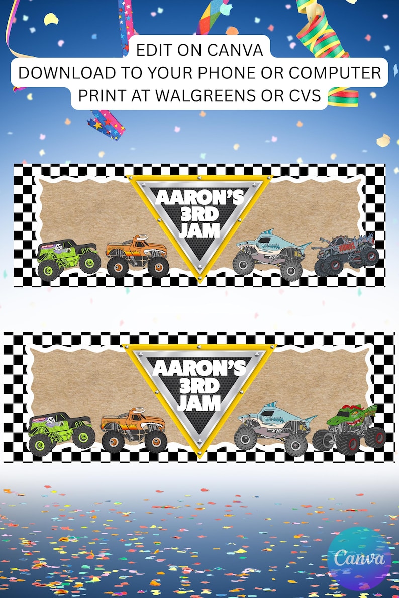 Puede incluir: Dise&ntilde;o digital con dos pancartas con monster trucks y el texto "AARON'S 3RD JAM". El dise&ntilde;o incluye un borde a cuadros, un fondo beige y un fondo azul con confeti. El texto "EDIT ON CANVA" est&aacute; en la parte superior.