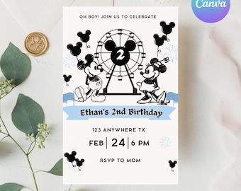 Mickey Mouse blue retro black and white Digital Invitation, disneyland Birthday Party, mouse ,Kids Birthday Party, Instant Download, Canva,