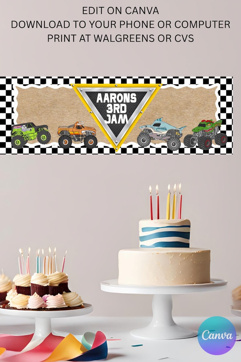 Puede incluir: Una escena de fiesta de cumplea&ntilde;os con pastelitos y un pastel. El fondo incluye una pancarta con camiones monstruo y el texto "Aarons 3rd Jam". La imagen tambi&eacute;n contiene el texto "Edit on Canva".