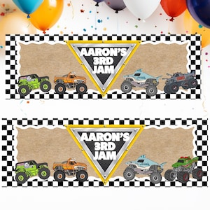 Puede incluir: Dise&ntilde;o de banner de fiesta con monster trucks y el texto "AARON'S 3RD JAM" en un tri&aacute;ngulo. El dise&ntilde;o incluye un borde a cuadros y est&aacute; sobre un fondo de globos coloridos. El logotipo de Canva es visible.