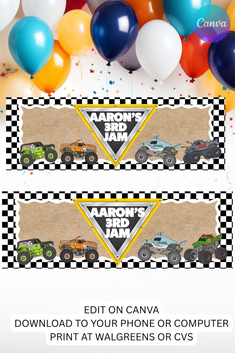 Puede incluir: Dise&ntilde;o de banner de fiesta con monster trucks y el texto "AARON'S 3RD JAM" en un tri&aacute;ngulo. El dise&ntilde;o incluye un borde a cuadros y est&aacute; sobre un fondo de globos coloridos. El logotipo de Canva es visible.
