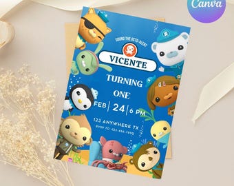 Octonauts Digital Invite Canva azul Cumpleaños Octonaut, Personalizar invitación digital