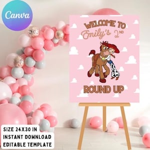 Letrero de bienvenida digital de Toy Story, fiesta de Toy Story, historia de niña, fiesta de cumpleaños para niños, descarga instantánea, Canva, Round Up Pink