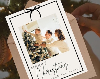 Christmas Minimalist Bow Photo Cards, bows black and brown, happy holidays Invite, Editable , Christmas and new year party canva coquette