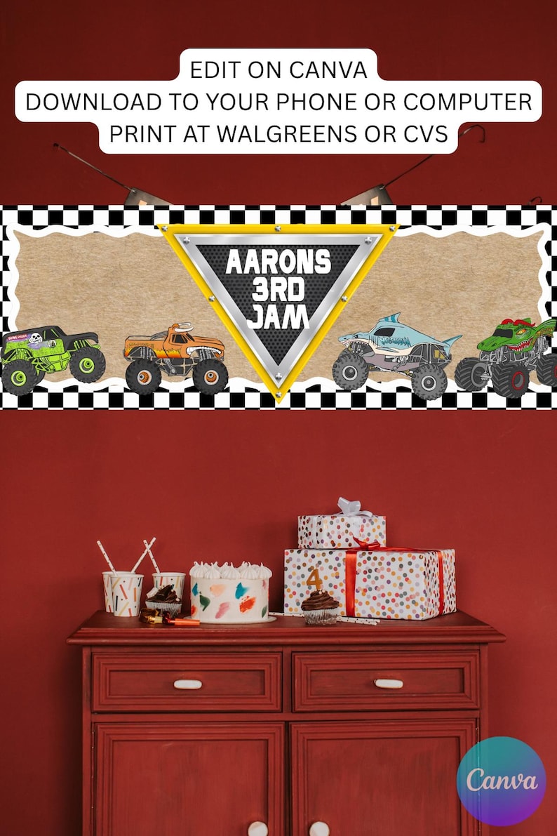 Puede incluir: Escena de fiesta de cumplea&ntilde;os con un aparador rojo que contiene un pastel, cupcakes y regalos envueltos. Arriba, una pancarta con ilustraciones de monster trucks y el texto "Aarons 3rd Jam". La imagen incluye el texto "Edit on Canva".